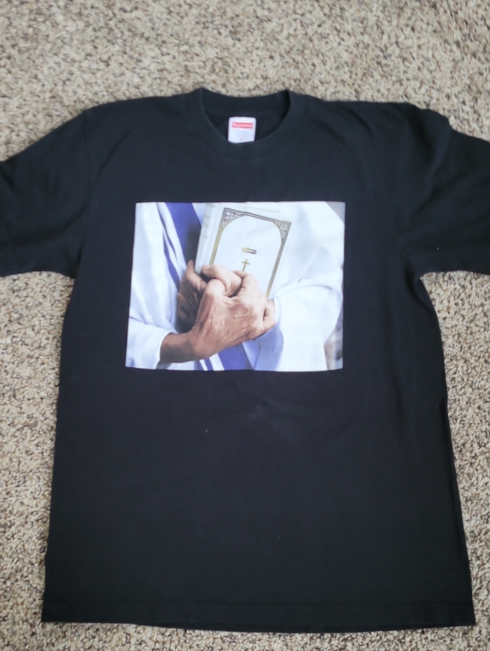 Supreme Black Crewneck T-Shirt with Bible Graphic